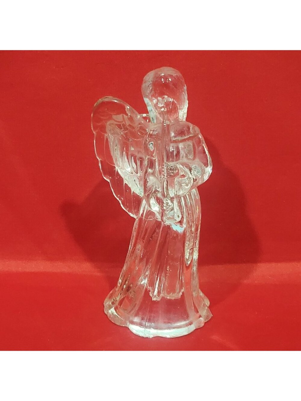 Vintage Candle Stick Holder Heavy Clear Glass Angel Playing Horn